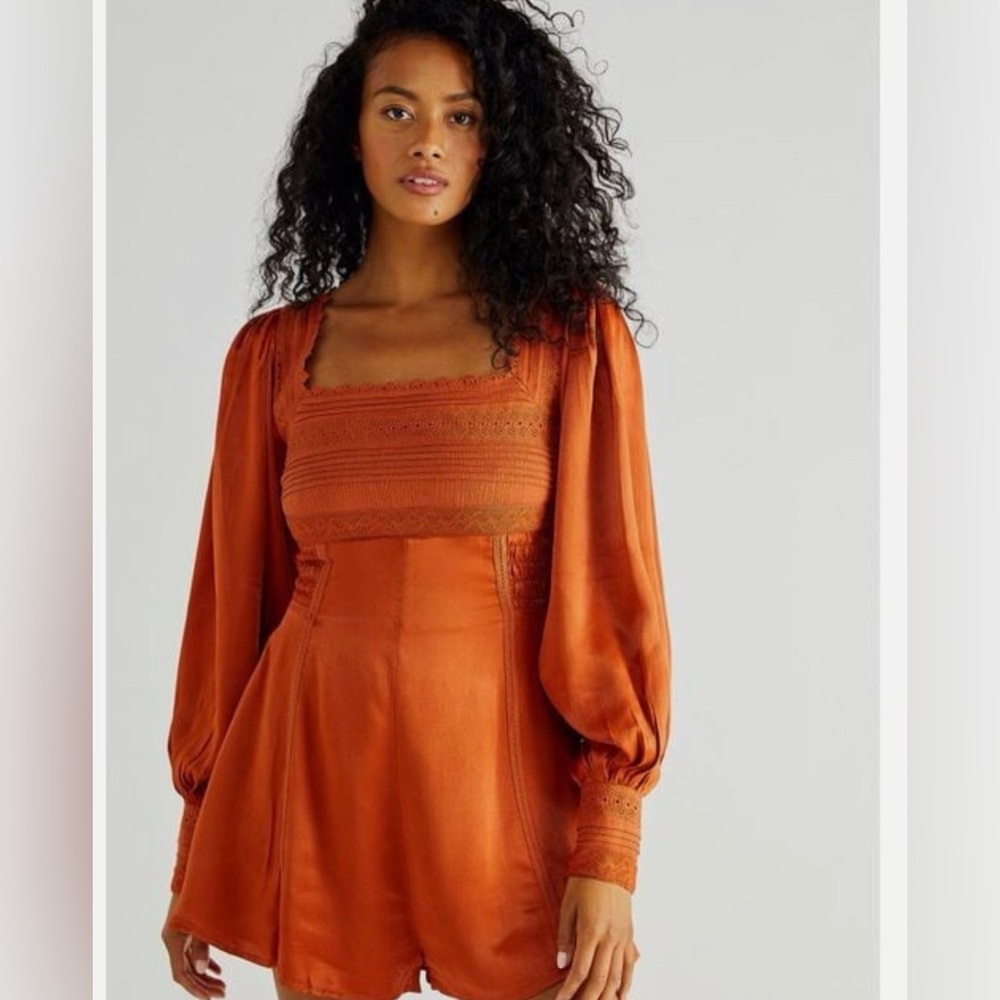 Free People Farrow Satin Terracotta Orange Romper Lace Peasant Boho Hippie Sz 12